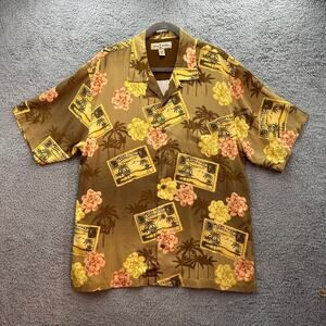 Tommy Bahama Men's Large 100% Silk Hawaiian Shirt Post Card Flower Design EUC